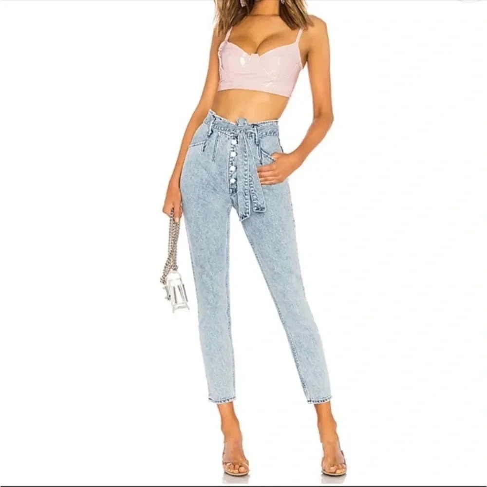 GRLFRND Daphne Ultra High Rise Jeans Borderlands Light Blue Denim Belted Size 25